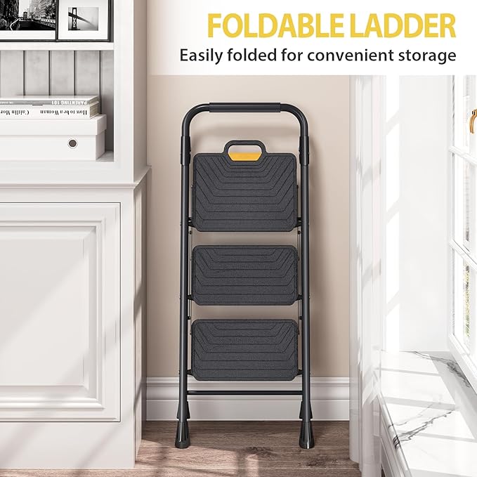 KINGRACK 3 Step Ladder, Sturdy Steel Step Stool with Anti-Slip Wide Pedals, Handrail, Safe-Lock Design, Pass 800lbs Load Testing, Folding Portable Ladder for Multi-Purpose, Home, Kitchen, Black