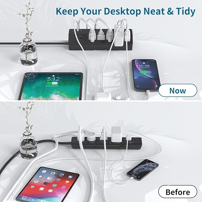 Desk Clamp Power Strip 2 USB C Desktop Mount Outlet Charging Station, 10FT Extension Cord Flat Plug with 6 AC, Removable 40W Fast Charging Surge Protector Power Strip Fits 1.8" Office Tabletop Edge