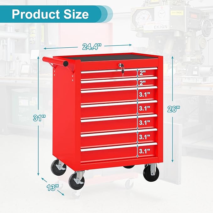 Tool Chest 7 Drawers Garage Storage Cabinet Steel Frame Tool Chest with Wheels, Top Storage Rack, Rubber Mat, Side Handle for Garage Workshop, Red