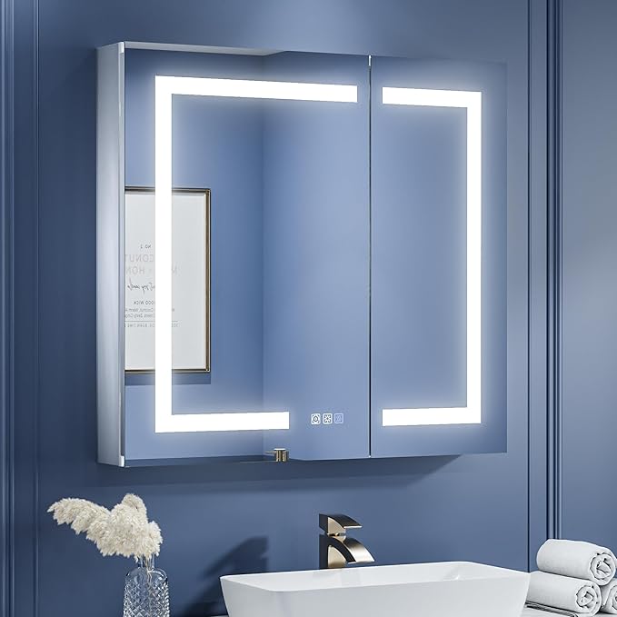 ExBrite LED Lighted Bathroom Medicine Cabinet with Mirror, 32 x 30 Inch, Recessed or Surface Mount, Anti-Fog, Stepless Dimming, Color Temperature Change, Built-in 6000K Sensor Light, Storage Shelves