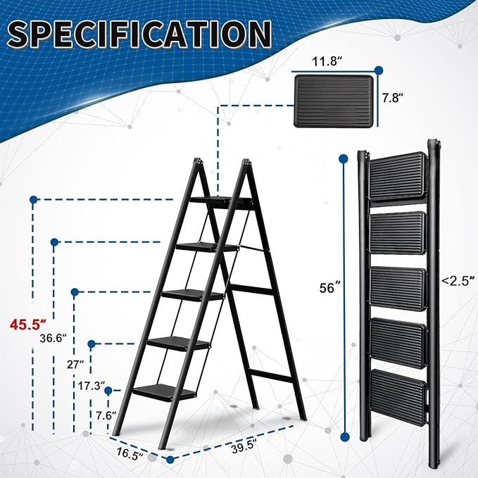 Double Elite Step Ladder 5 Step Folding, Sturdy 330 Lbs Load Small Step Stool for Adults, Safer Full Steel Multi-use Kitchen Ladder for Home/Closet, with Anti-Slip Wide Pedals, Black