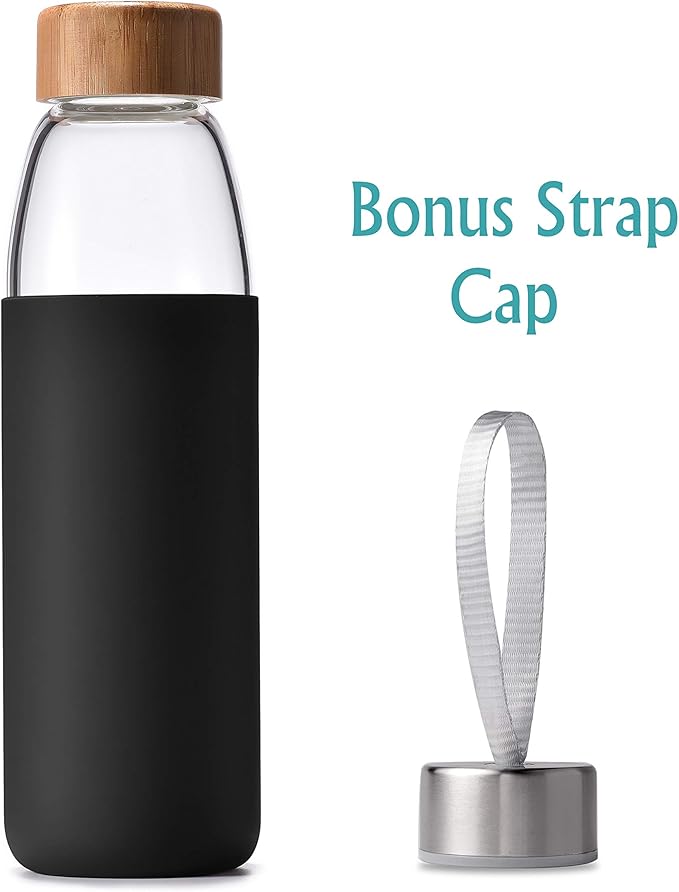 veegoal Glass Water Bottles 18 Oz Borosilicate with Bamboo Lid, BPA-FREE, Non-Slip Silicone Sleeve, and Stainless Steel Leak Proof Lid - Glass Water Bottle for Men and Women
