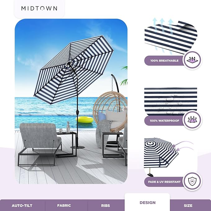 Midtown Umbrellas 10-Year-No-Fade - 10 Ft - UV Proof Navy & White Stripes Fabric - Umbrella Outdoor Patio, Aluminum Frame Large Patio Umbrella for Garden, Pool & Deck - Black Pole