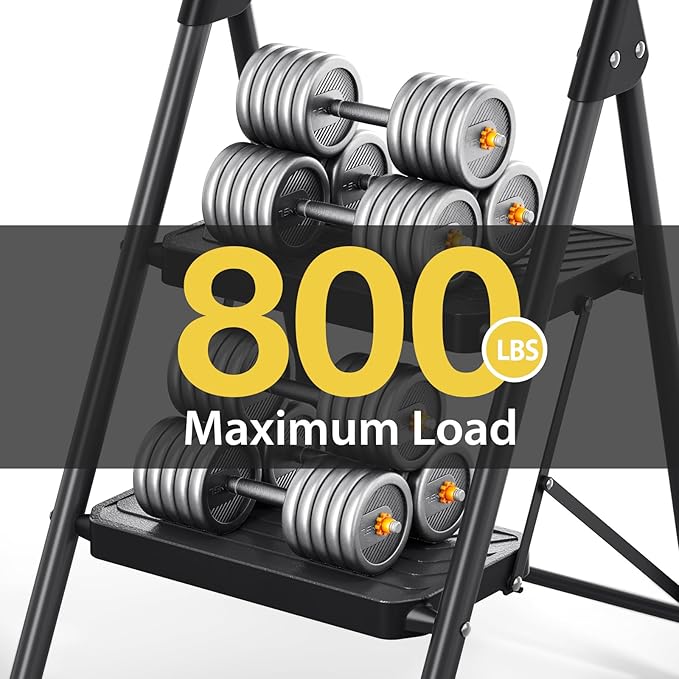 KINGRACK 2 Step Ladder, Sturdy Steel Step Stool with Anti-Slip Wide Pedals, Handrail, Safe-Lock Design, Pass 800lbs Load Testing, Folding Portable Ladder for Multi-Purpose, Home, Kitchen, Black