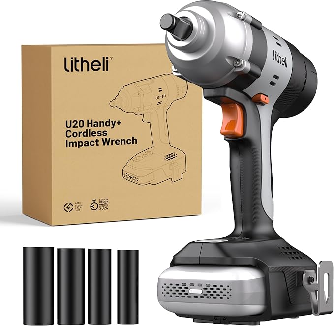 Litheli Cordless Impact Wrench Kit, 1/2 Inch Hog Ring Impact Gun with 4 Impact Sockets, 5 Torque Settings Impact Driver for Car Home, Charger not Included