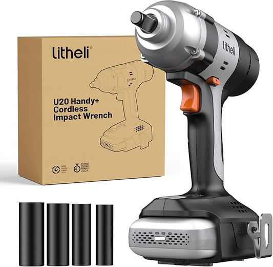 Litheli Cordless Impact Wrench Kit, 1/2 Inch Hog Ring Impact Gun with 4 Impact Sockets, 5 Torque Settings Impact Driver for Car Home, Charger not Included
