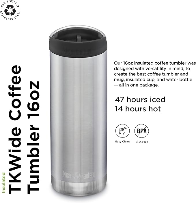 Klean Kanteen TKWide Insulated Coffee Tumbler with Café Cap - Stainless Steel Coffee Tumbler - 16 Oz, Brushed Stainless