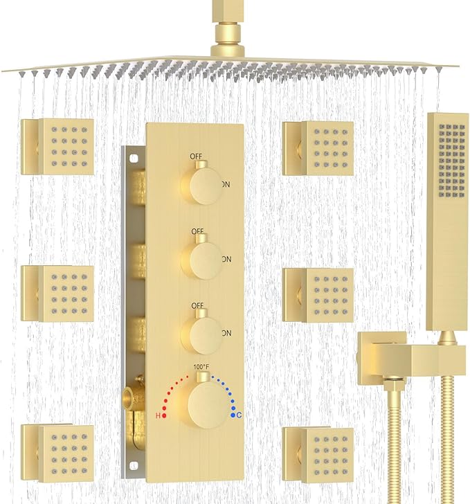 Enga Luxury Brushed Gold Shower System, 16 Inch Rain Shower Head with Body Spray Thermostatic Shower Faucet Set, Can Use All Functions At a Time (Volume Adjustable)