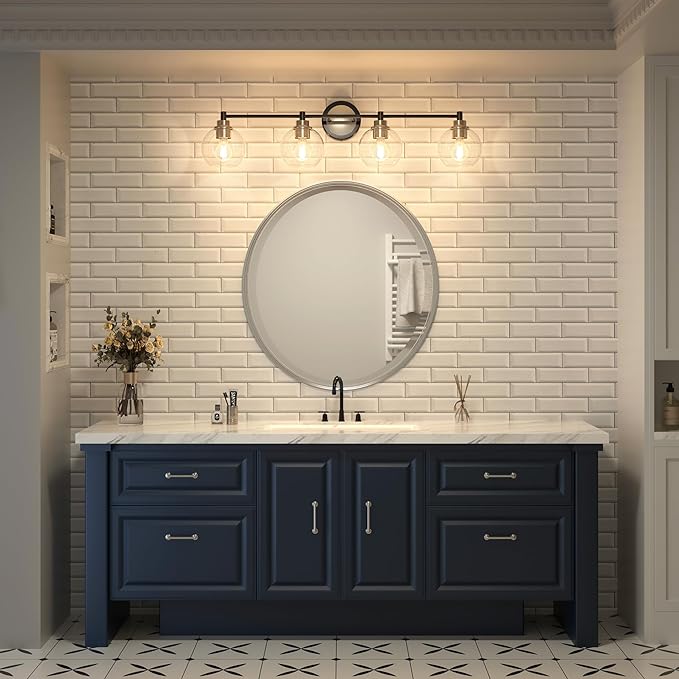 VONLUCE Bathroom Light Fixtures, 4-Light Vanity Light with Globe Glass Shades E26 Sockets, Bathroom Lights Over Mirror for Bedroom Hallway Living Room, Black & Nickel Finish