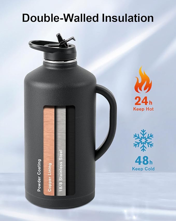 Trebo 128 oz Water Bottle Insulated with Handle, One Gallon Stainless Steel Metal Large Jug, Travel Flask with Straw Spout Lid, Mug Tumbler Cup with Carry Pouch, Keep Cold Hot, Black