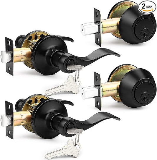 Probrico Front Door Handle and Single Cylinder Deadbolt Set, Black Exterior Door Handle with Deadbolt Lockset,Wave Reversible Door Lever Locks with Deadbolt Set, Keyed Alike 2Pack
