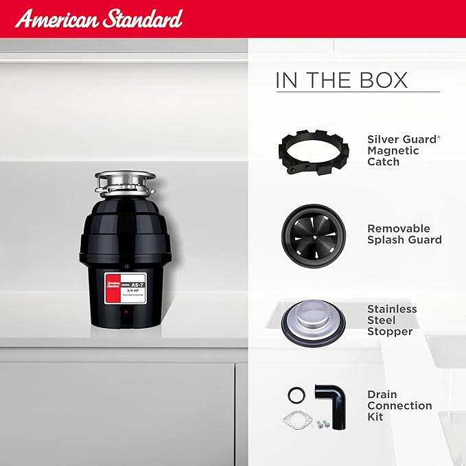 American Standard 10-US-AS-7 Garbage Disposal Anti-Jam Stainless Steel Food Waste Grinding System, Heavy Duty, 3/4 HP, Black