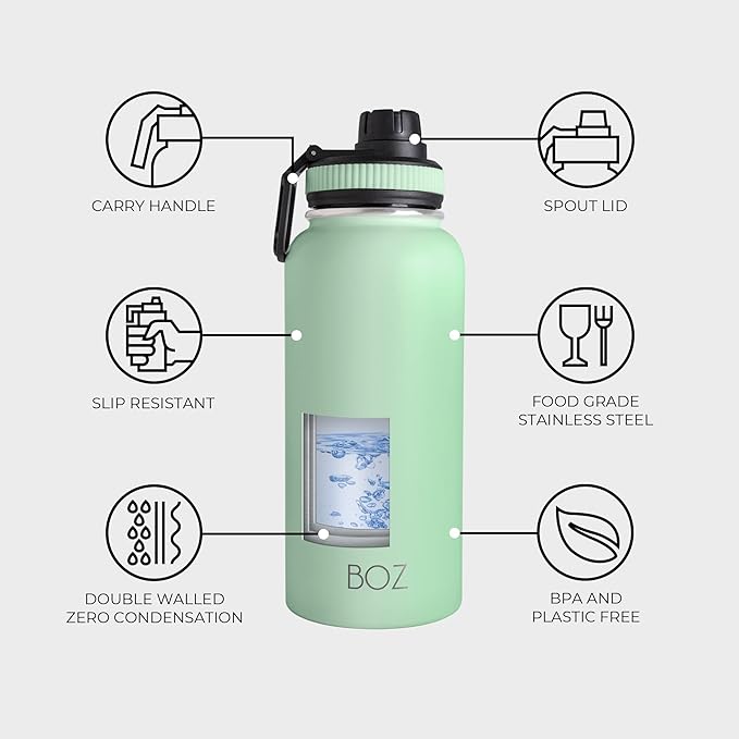 BOZ Stainless Steel Water Bottle - Vaccum Insulated Water Bottle 32 Oz - Wide Mouth BPA Free Sport Water Bottle for Gym with Spout Lid - Thermal Hot & Cold 1 Litre Green Water Bottle