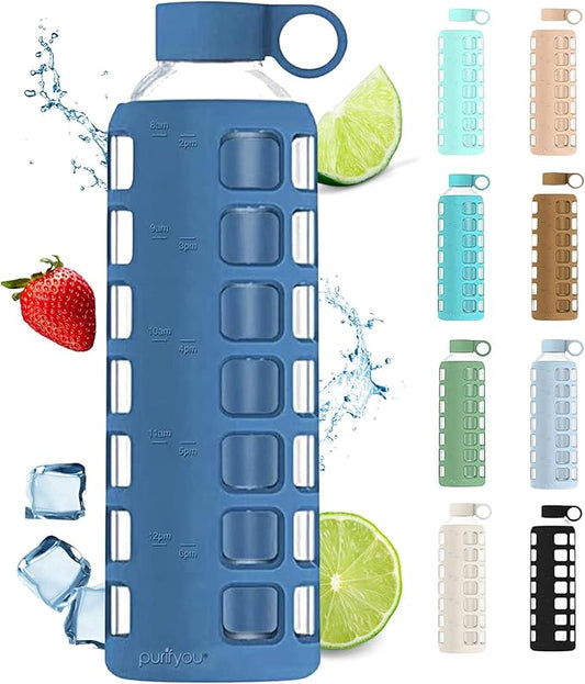 purifyou Premium 40/32 / 22/12 oz Glass Water Bottles with Volume & Times to Drink, Silicone Sleeve & Stainless Steel Lid Insert, Reusable Bottle for Fridge Water, Juice (32oz Chinese Porcelain)