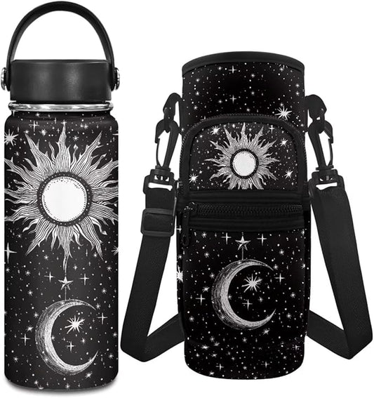 Sun 18 OZ Stainless Steel Water Bottle Moon Insulated Water Bottle and Water Bottle Carrier Bag Set Small Vacuum Bottle Water Bottle Bag
