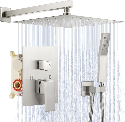 JOMEOO® 12 Inch Brushed Nickel Shower System, Wall Mounted High Pressure Rain Shower Head with Handheld Sprayer, Bathroom Luxury Rainfull Shower Head Shower Faucet Set Rough in Valve Body and Trim