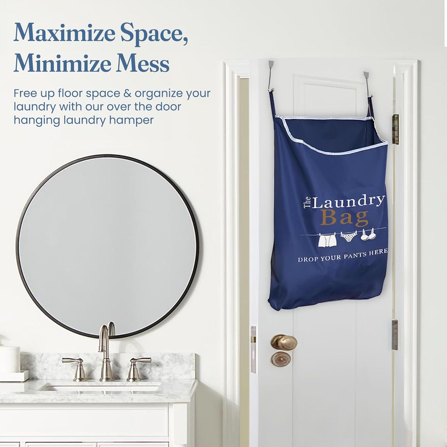 Fine Living Co. Large Hanging Laundry Hamper with Over Door Hooks & Adhesive, Durable Space Saving Laundry Bag with Zipper and Wide Open Top, Hanging Dorm Laundry Hamper (Navy Blue with Print-XL)