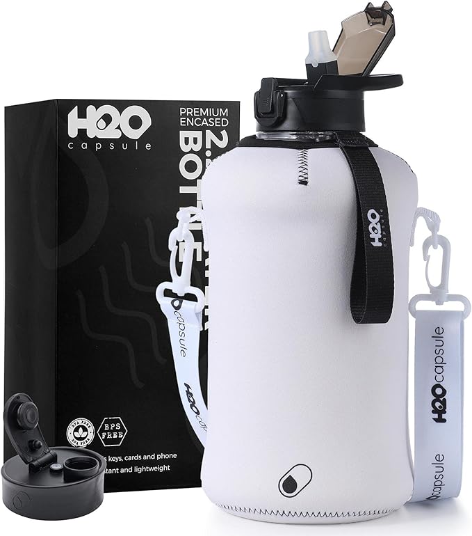 H2O Capsule 2.2L Half Gallon Water Bottle with Storage Sleeve and Covered Straw Lid – BPA Free Large Reusable Drink Container with Handle - Big Sports Jug, 2.2 Liter (74 Ounce)
