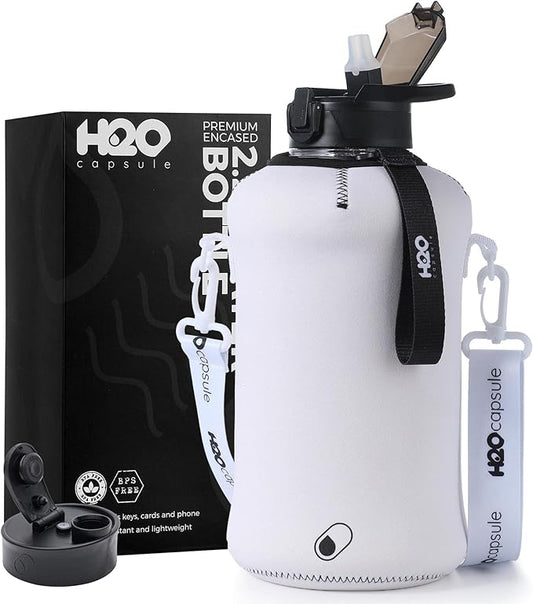 H2O Capsule 2.2L Half Gallon Water Bottle with Storage Sleeve and Covered Straw Lid – BPA Free Large Reusable Drink Container with Handle - Big Sports Jug, 2.2 Liter (74 Ounce)