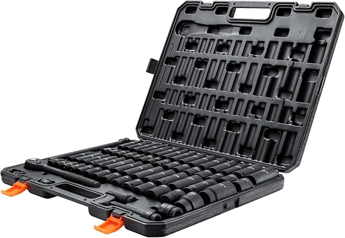 VEVOR 1/2" Drive Impact Socket Set, 65 Piece SAE 3/8" to 1-1/4" and Metric 10-24mm, 6 Point Cr-V Alloy Steel for Auto Repair, Easy-to-Read Size Markings, Rugged Construction, Storage Case