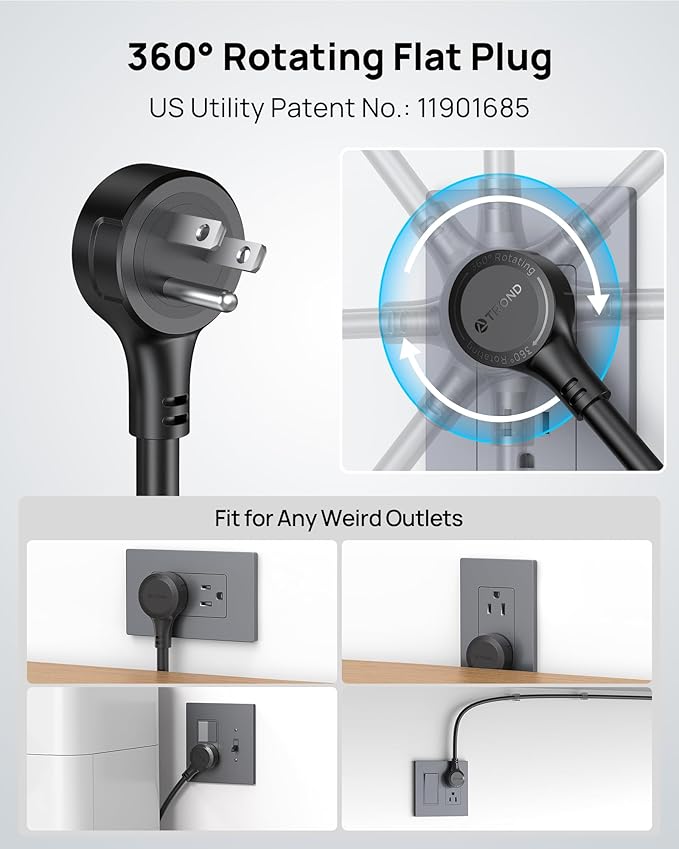 TROND Surge Protector Power Strip with 360° Rotating Flat Plug, 4000J, ETL Listed, 10 Widely Spaced Outlets, 2 USB A and 2 USB C, 5ft Extension Cord, Wall Mountable, for Home Office Garage, Black