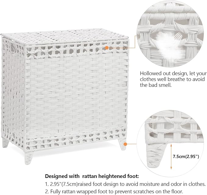 Laundry Hamper with 3 Removable Liner Bags; 132L Handwoven Rattan Laundry Basket with Lid & Heightened Feet; Clothes Hamper with Side Handles; Laundry Sorter with 3 Separate Sections (White)