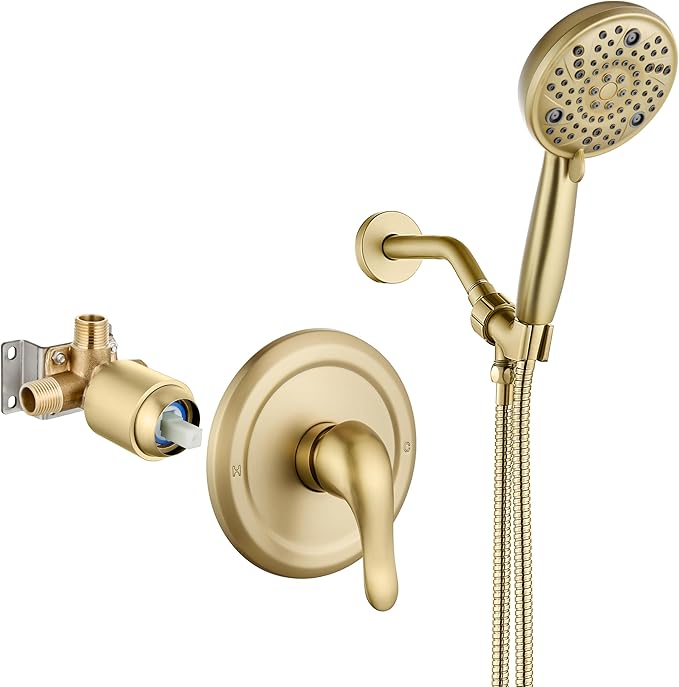 Aolemi Shower Faucet Set Rain Shower Head System Shower Trim Kit Pressure Rough-in Valve Included ABS 8 Setting Single Handheld Spray Brushed Gold