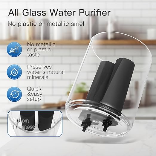 All Glass Water Purifier, Off Grid Home Emergency Water Filtration System - Gravity Fed Black Carbon Filter - 2.25 Gallon Water Filter- with 7 Inch Stand