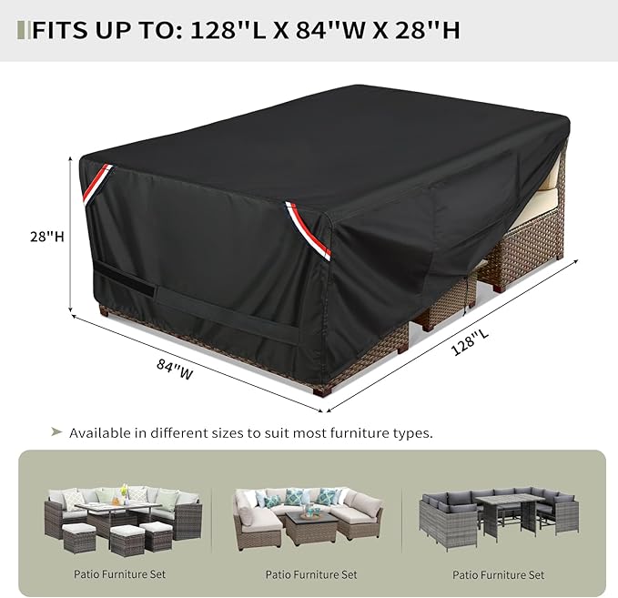 Kylinlucky 600D Heavy Duty Rectangular Table Cover 128 x 84 inches - Waterproof Outdoor Dining Set Protector for Patio Furniture