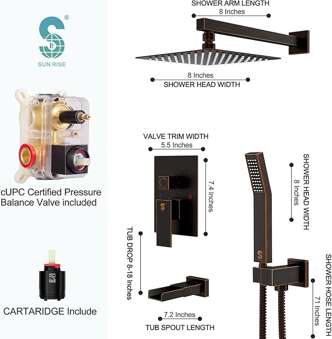 SR SUN RISE 8 Inches All Metal Bathtub Faucet Set Shower System with Tub Spout Square Rain Shower Head and Handheld Combo Shower Fixtues, Modern Valve and Trim Kit, Oil-Rubbed Bronze