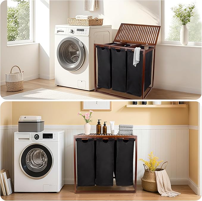 Bamboo Laundry Hamper 3 Section with Lid, 150 L Laundry Sorter with Pull-Out Removable Washable Bags, 3 × 12.5 Gal Divided Laundry Baskets for Laundry Room, Bathroom (Black)