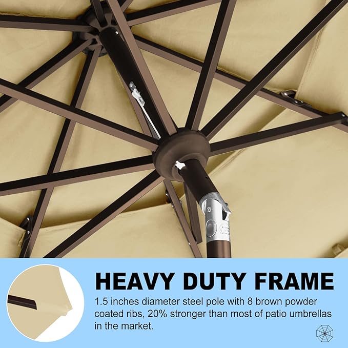 Eurmax USA 10-Year-Non-Fading 10Ft 3 Tiers Market Umbrella Outdoor Patio Umbrella Table Umbrella with 8 Ribs,Hand Crank and Ventilation (Sand)