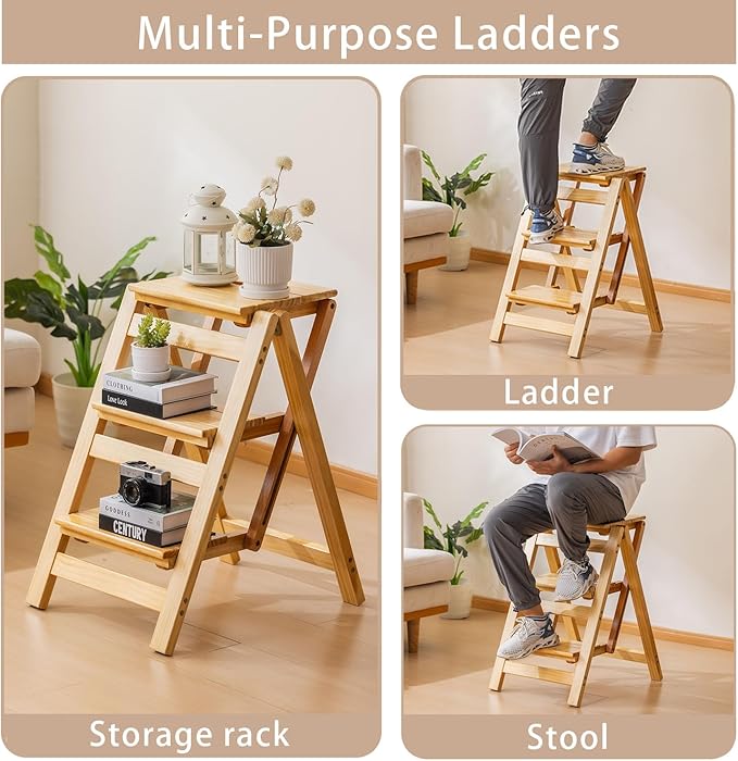 Wooden Step Stool, Foldable 3 Step Ladder, Solid Wood Ladder Stool for for Home, Kitchen & Garden Nature