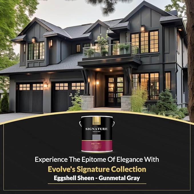 EVOLVE Signature Paint & Primer: Luxury Paint & Primer for Indoor & Outdoor Surfaces, Minimal Odor, Eggshell Sheen Gunmetal Gray, 1 Gallon