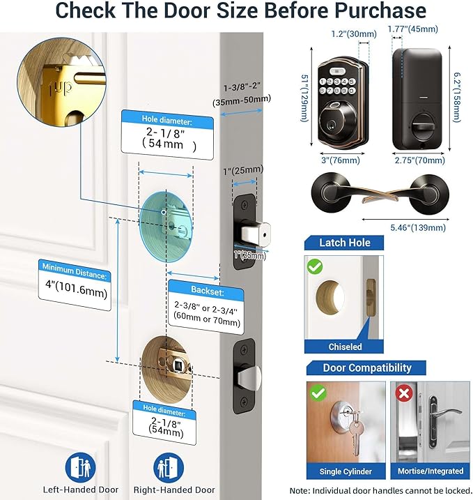 Veise Fingerprint Door Lock with 2 Lever Handles - Keyless Entry Door Lock, Electronic Keypad Deadbolt, Digital Smart Code & Front Handle Sets, Auto-Locking, Easy Installation, Oil Rubbed Bronze