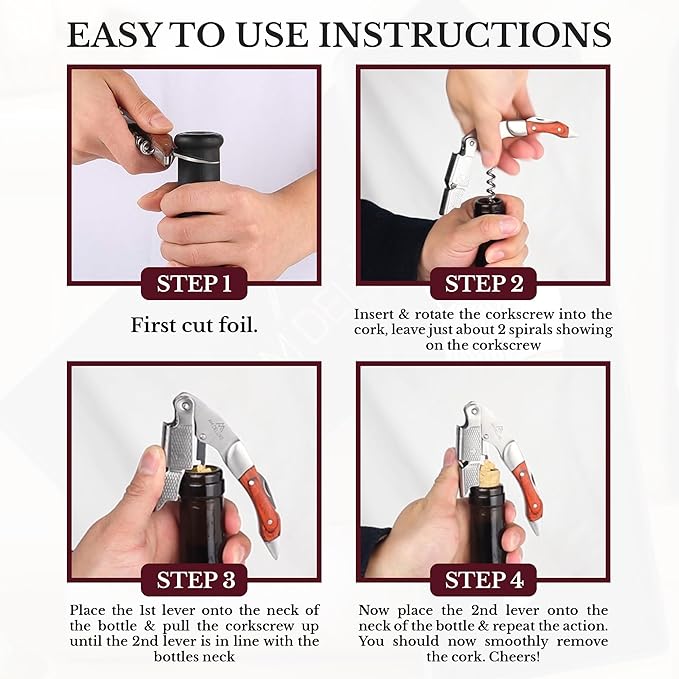 Premium AM DELUXE Waiter Corkscrew Wine Opener - Wine Key For Servers, Bartenders, Heavy Duty Stainless Steel & Pakka Wood Inlay, Serrated Foil Cutter, Cork Screw Wine Bottle Opener, Magnetic Gift Box