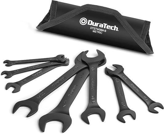 DURATECH Super-Thin Open End Wrench Set, Metric, 8-Piece, 5.5mm to 27mm, Black Electrophoretic Coating, with Rolling Pouch