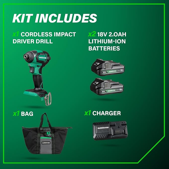 Metabo HPT 18V MultiVolt Cordless Brushless Impact Driver Kit, Compact Lightweight Impact Driver Set with 2 Lithium-Ion Metabo Batteries, Charger, 1/4-Inch Quick Change Chuck, High Torque, WH18DEX