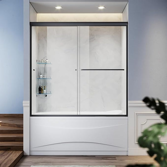 SUNNY SHOWER Bathtub Shower Door Glass Sliding Tub Door Semi-Frameless 1/4" Clear Glass Shower Enclosure Doors for Bathroom, Black Finish 58.5-60 in.W x 57.4 in.H