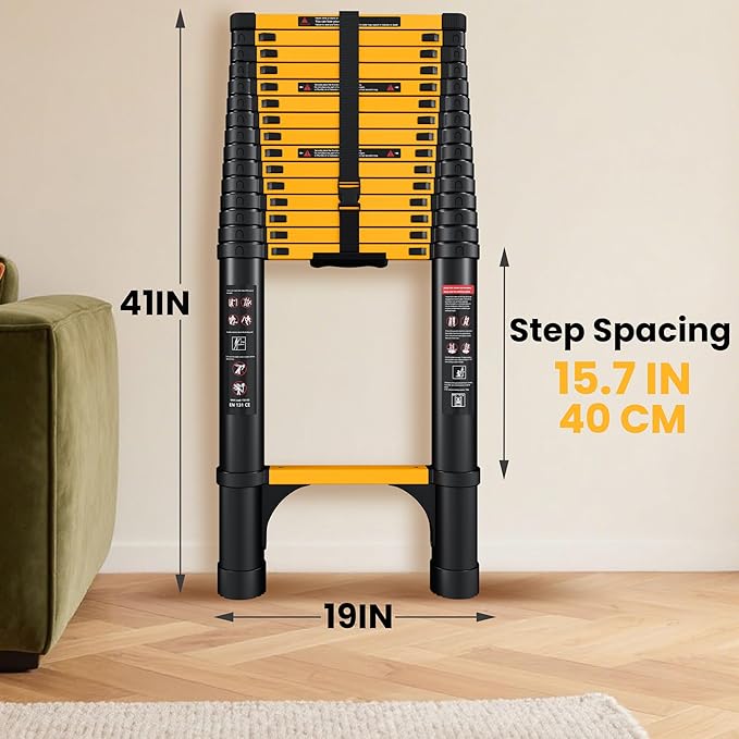 20.3 FT Telescoping Ladder, Aluminum Extension Ladder, 330 lbs Load Capacity, Multi-Purpose Collapsible Ladder for Home and Work; Yellow