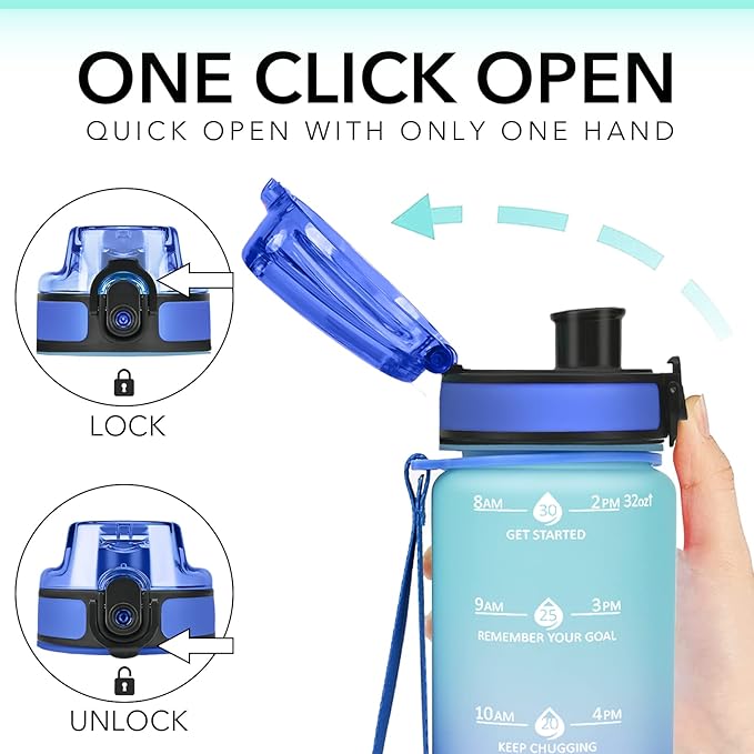 GOSWAG 32oz Motivational Water Bottles with Time Marker and Fruit Strainer, Sports Water Bottle with Times to Drink, Leakproof, Reusable Plastic Bottle with Strap no Straw for Gym, School