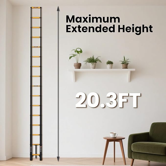 20.3 FT Telescoping Ladder, Aluminum Extension Ladder, 330 lbs Load Capacity, Multi-Purpose Collapsible Ladder for Home and Work; Yellow