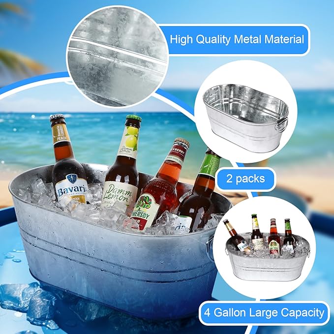 Galvanized Tub Beverage Tubs, 3pcs Metal Ice Buckets for Cocktail Bar 3 Gallon Wine Beer Drink Buckets with Handles Large Tin Tub Cooler Mimosa Bar Supplies Ice Bucket (Galvanized)