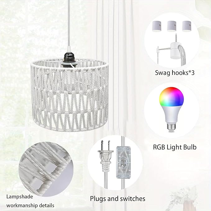 Hanging Lamp Plug in Rattan Hanging Lights with Plug in Cord, Woven Pendant Light with Smart RGB Bulb and Remote Control for Bedroom Living Room Farmhouse Kitchen (White, Barrel Shade)