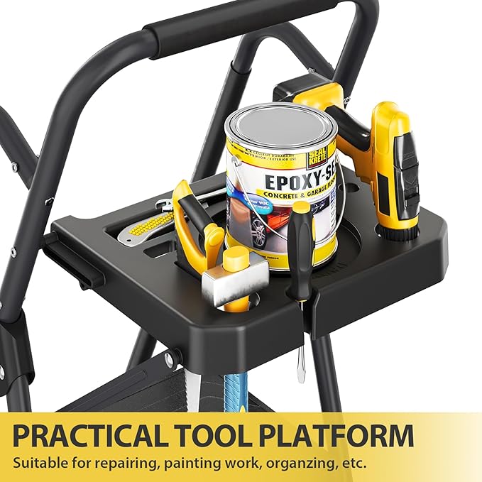 KINGRACK 5 Step Ladder, Sturdy Steel Step Stool with Anti-Slip Wide Pedals, Handrail, Safe-Lock Design, Pass 800lbs Load Testing, Folding Portable Ladder for Multi-Purpose, Home, Kitchen, Black