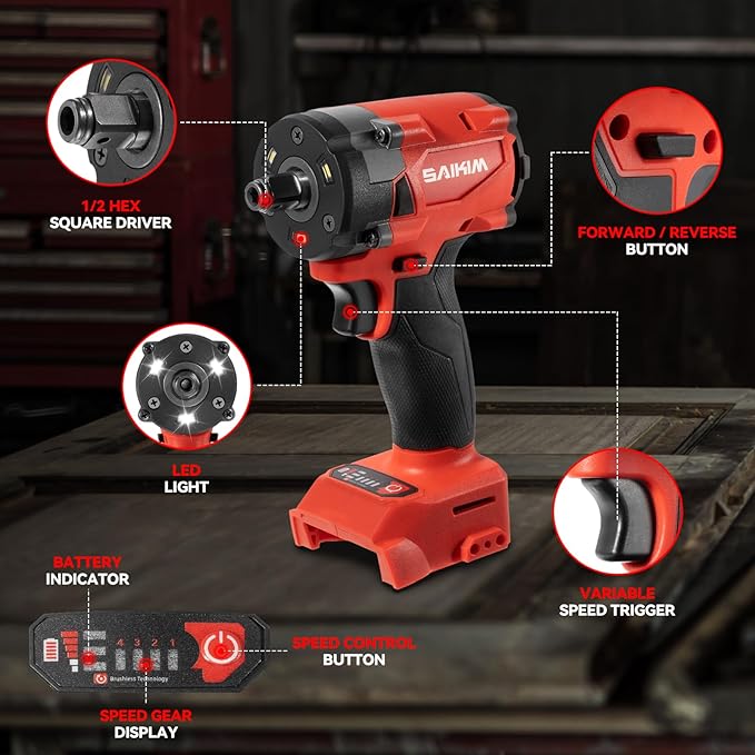 Cordless Impact Wrench 1/2 inch for Milwaukee 18v Battery, 200ft-lbs High Torque Impact Driver, Brushless Electric Impact Gun with 4 Modes & LED Light for Car, Truck, Mower (Battery Not Included)