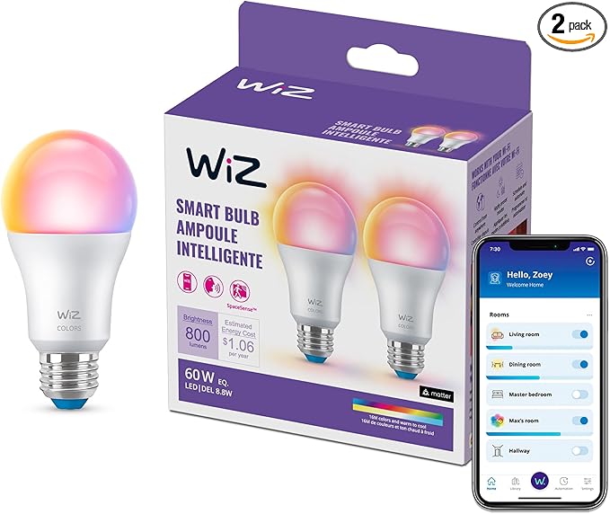 WiZ Connected Smart Light Bulbs, 2-Pack, Full Color A19 60W 800LM E26 LED Lights, Sunset/Sunrise Automation, Smart Bulbs with Motion Detection, Control with Voice or App