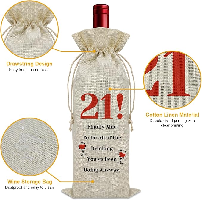 Sazuwu Funny 21st Birthday Gifts for Her Wine Bag 21 Year Old Birthday Gifts for Him Happy 21st Birthday Decorations Wine Bottle Storage Bag Born in 2003 Wine Accessories Gifts for Wine Lovers(Beige)