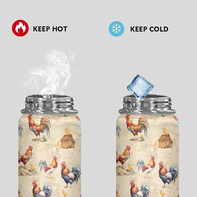 Chicken Insulated Water Bottles with Handle Stainless Steel Metal Water Bottle, Cold & Hot Water Bottle 18 Oz, Leak Proof Travel Cup