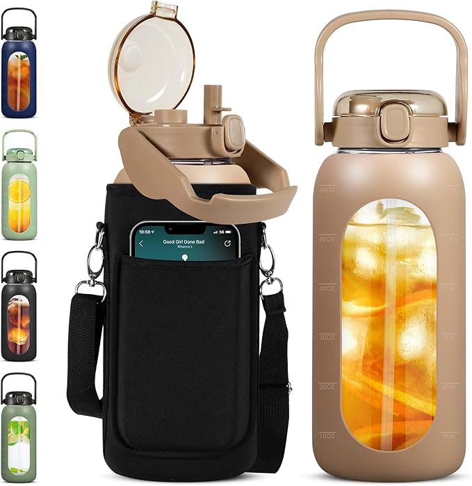 Glass Water Bottles 64 oz - Large Half Gallon Motivational Water Bottle with Time Marker Straw Phone Holder Handle, 64oz Daily Water Intake Jug with Silicone Sleeve for Office Work Gym Sandy Beige